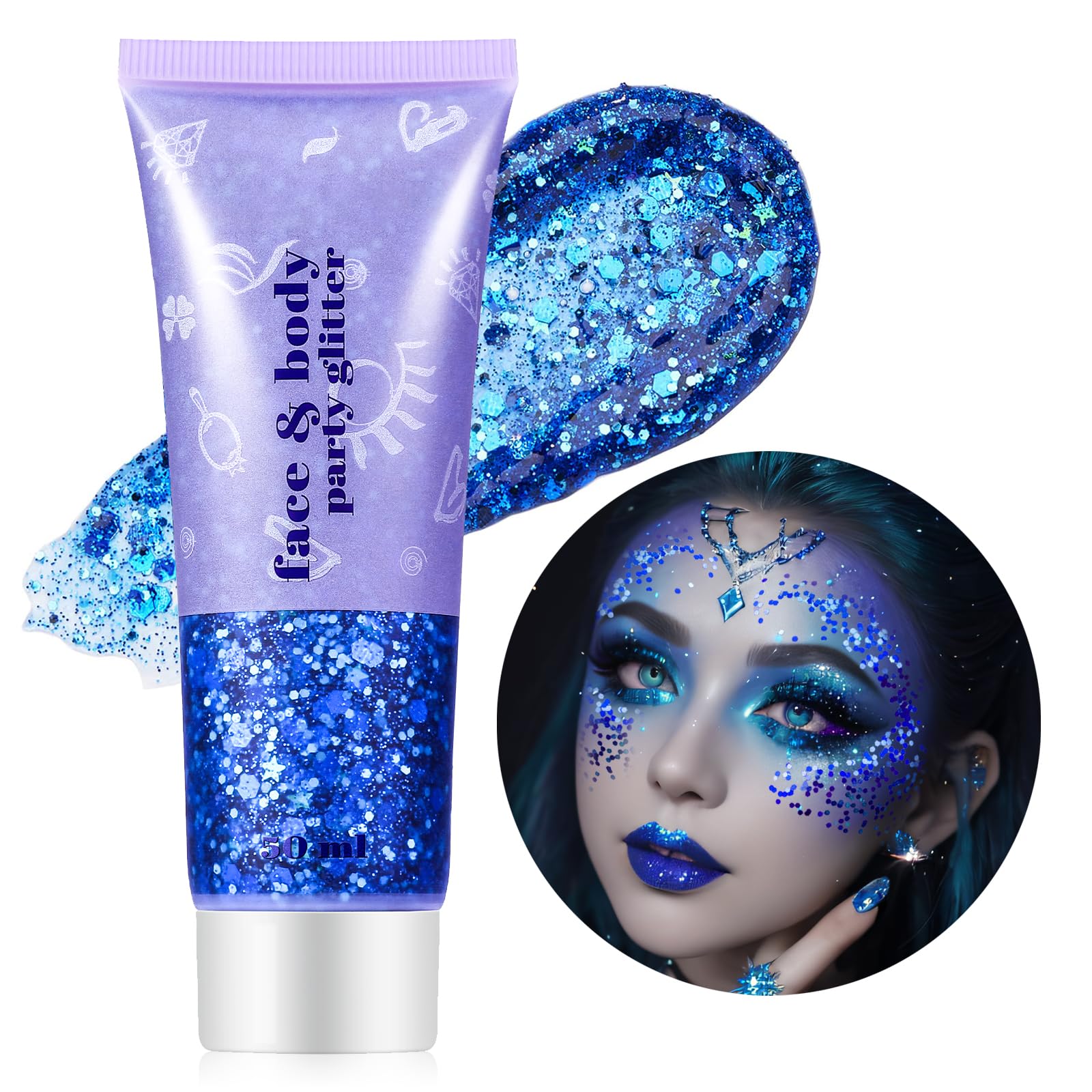 Go Ho front jar showing blue glitter gel and label, vibrant product presentation