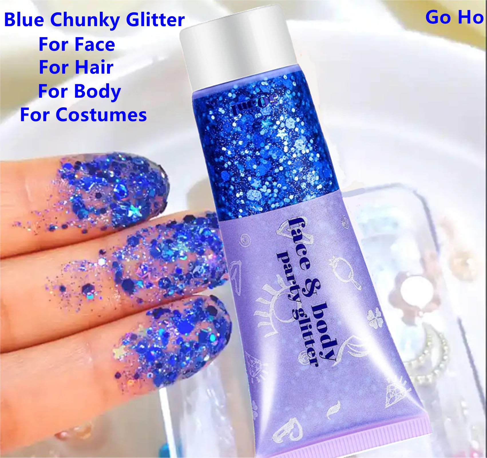 Go Ho glitter on hair strands, adds mermaid shimmer and movement to styling