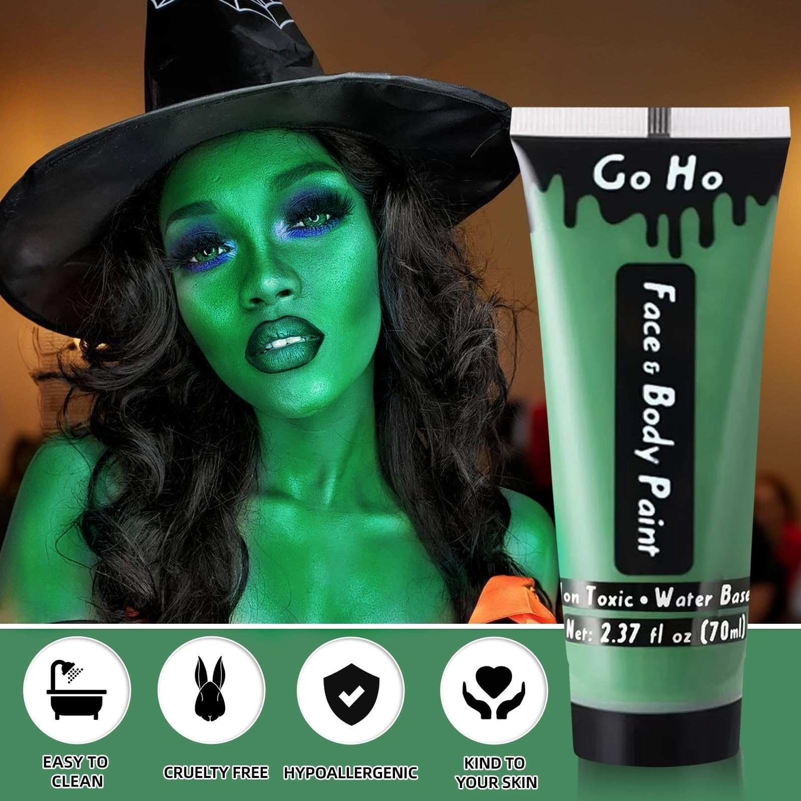 Go Ho brush applying green paint on face for even coverage