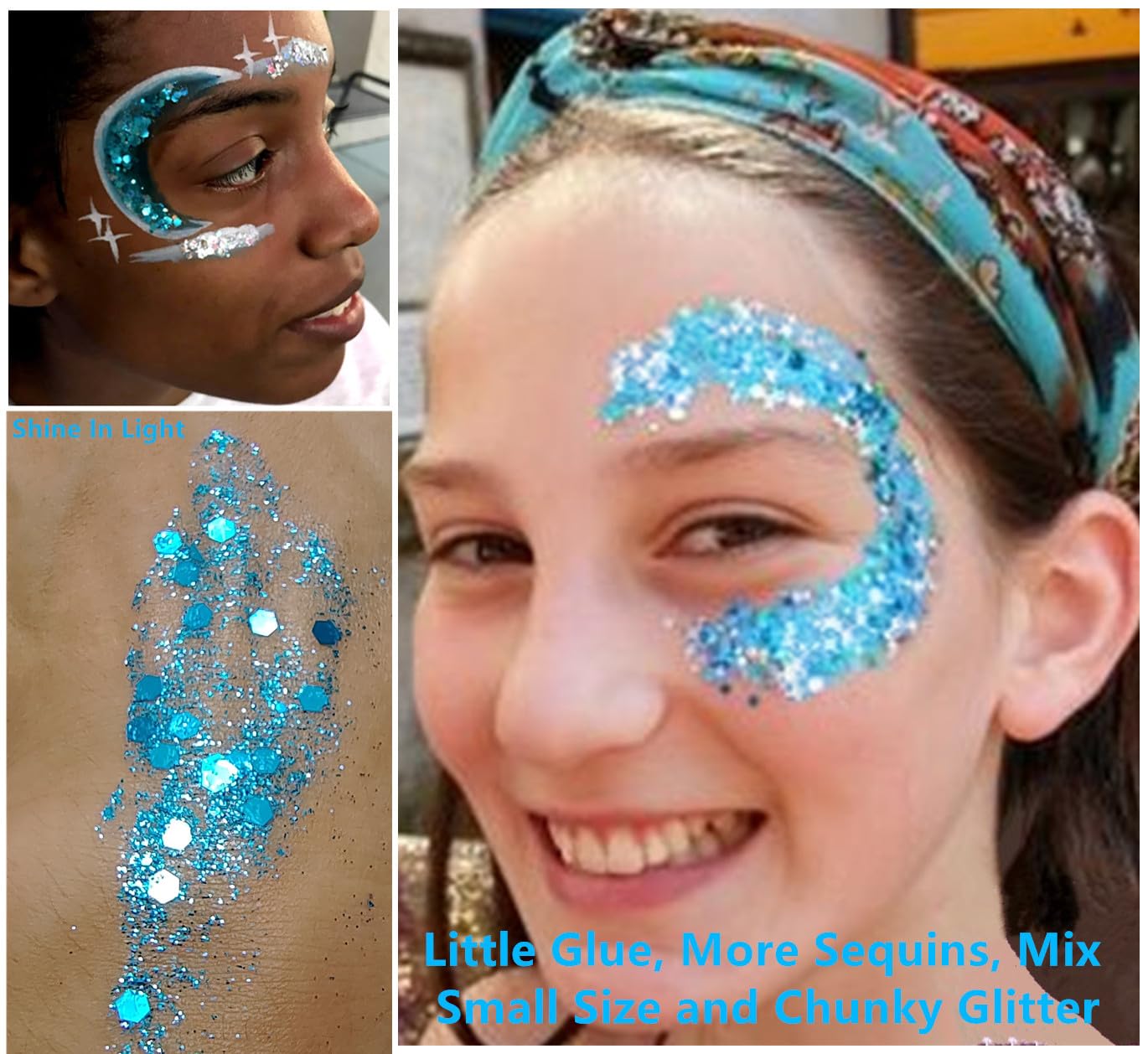 Go Ho face detail with forehead jewels and mermaid shimmer, adds stage-ready sparkle
