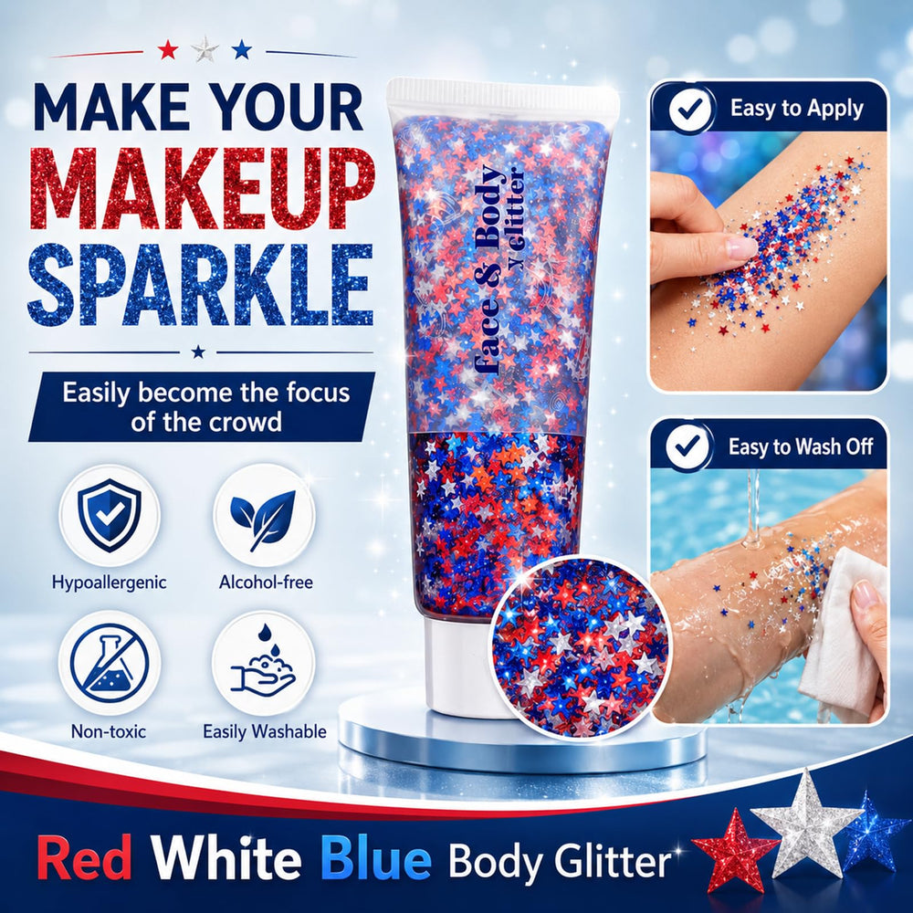 Go Ho lifestyle parade look with glitter gel enhancing patriotic outfit