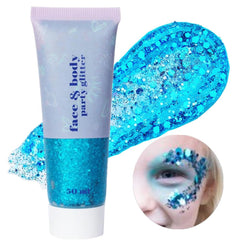 Go Ho front jar light blue glitter showing label and gel, highlights easy application