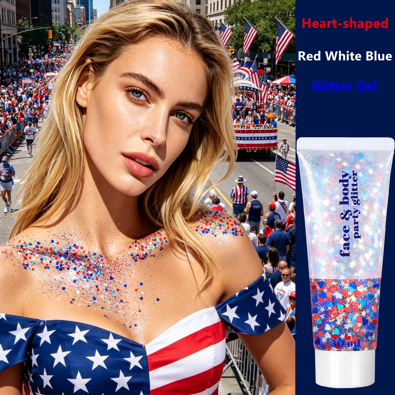 Go Ho glitter applied to cheek for festival-ready patriotic highlight and long-lasting shine