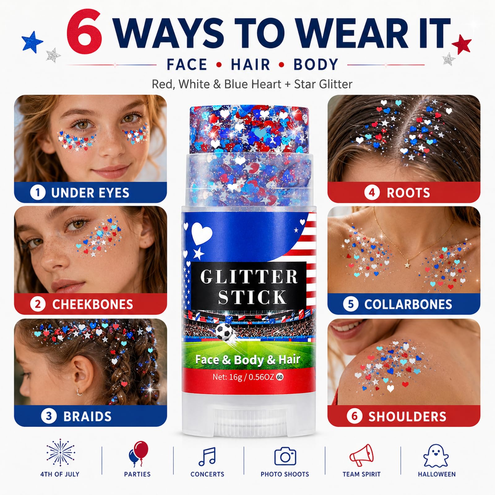 Go Ho glitter applied on cheek for bright patriotic face accent