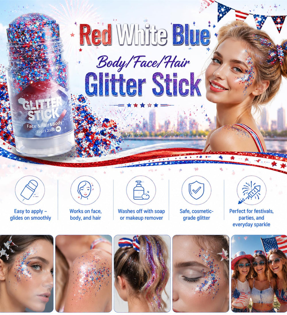 Go Ho glitter stick applied on cheek giving festive, camera‑ready shimmer