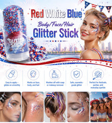 Go Ho glitter stick applied on cheek giving festive, camera‑ready shimmer