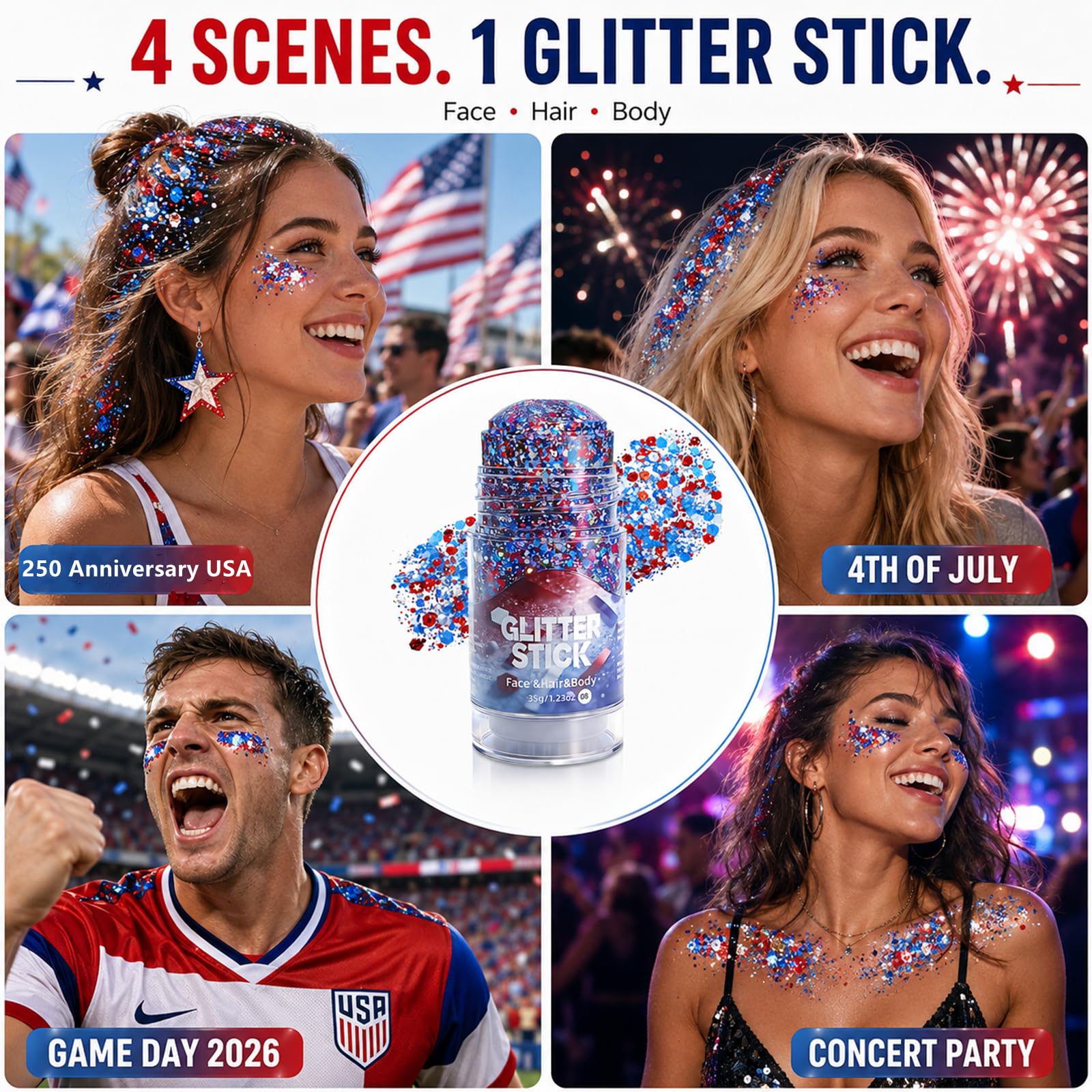 Go Ho glitter stick in hand showing 1.23oz capacity and easy twist use