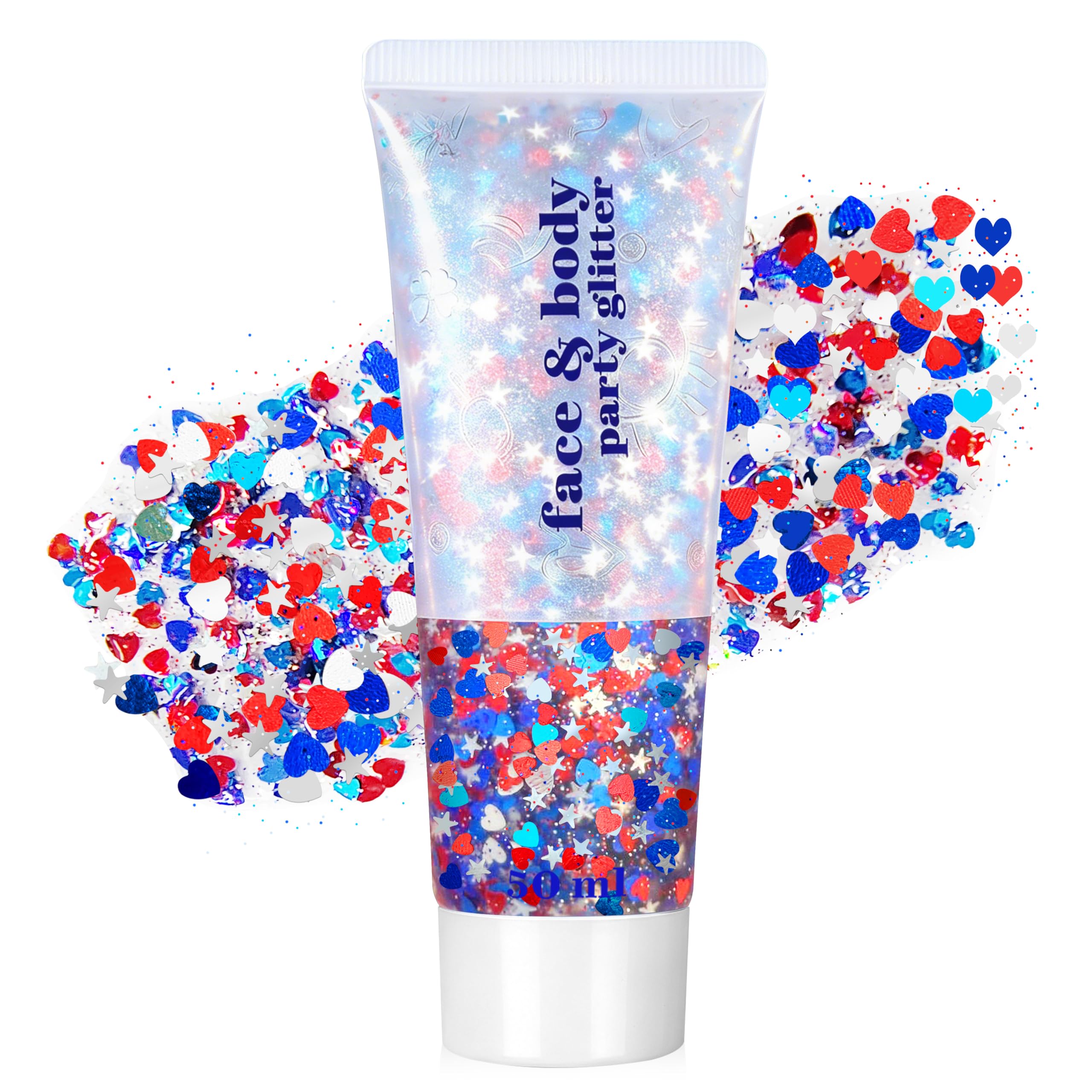 Go Ho glitter tube front showing patriotic packaging and easy-squeeze applicator for quick use