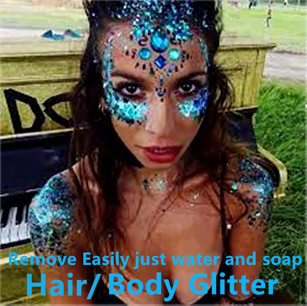 Go Ho hair highlighted with light blue glitter streaks, creates dramatic festival accents