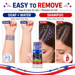 Go Ho glitter on hair roots creating sparkly patriotic braid highlights