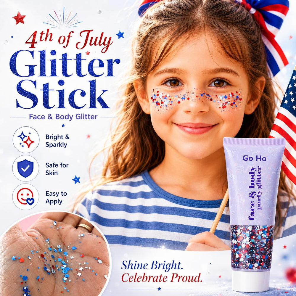 Go Ho glitter on hair roots showing festive sparkle for parade-ready styles