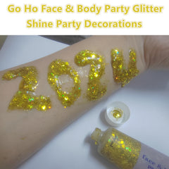 Go Ho glitter styled at hairline for festival-ready, eye-catching accents