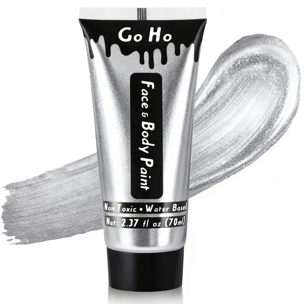 Go Ho metallic silver front jar showing product and lid, clear branding and reflective finish