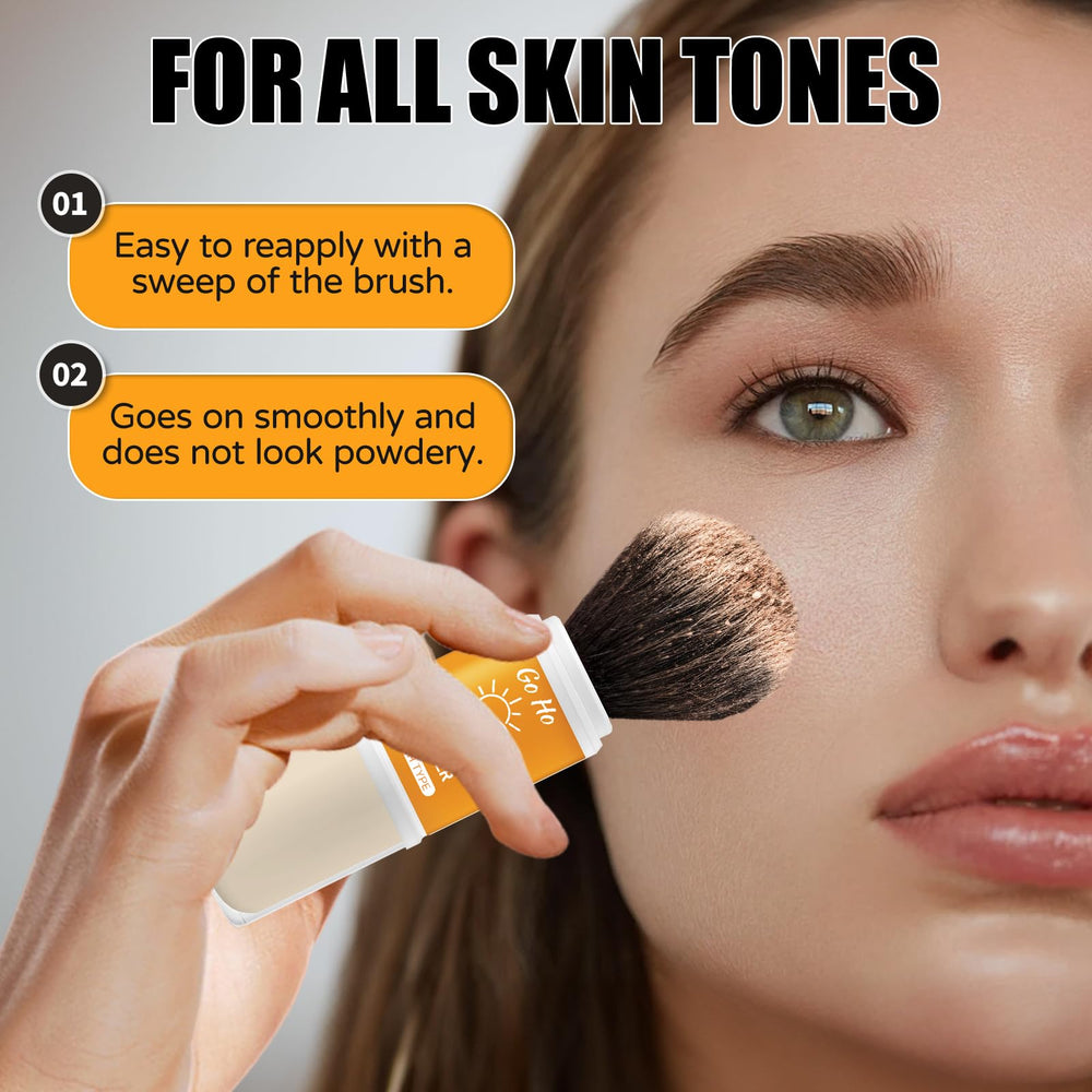 Go Ho brush powder being applied to face for quick SPF touch-up