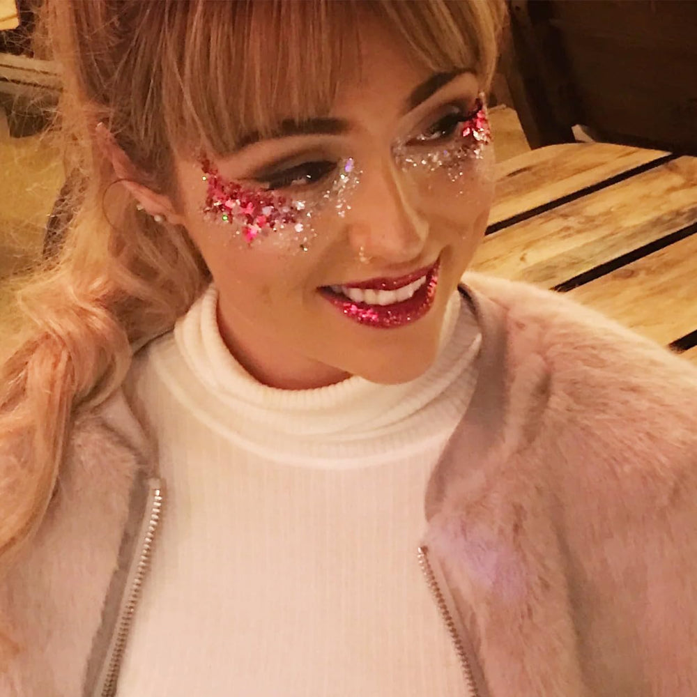 Go Ho glitter applied on eyelid creating dramatic stage-ready shine and color payoff