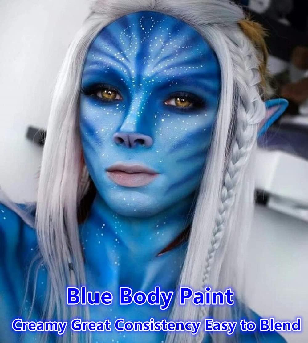 Go Ho full-body painted model showing seamless blue coverage for costumes benefit