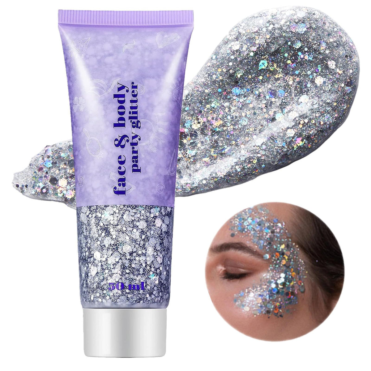 Go Ho jar front view showing silver holographic glitter gel and branding for easy identification