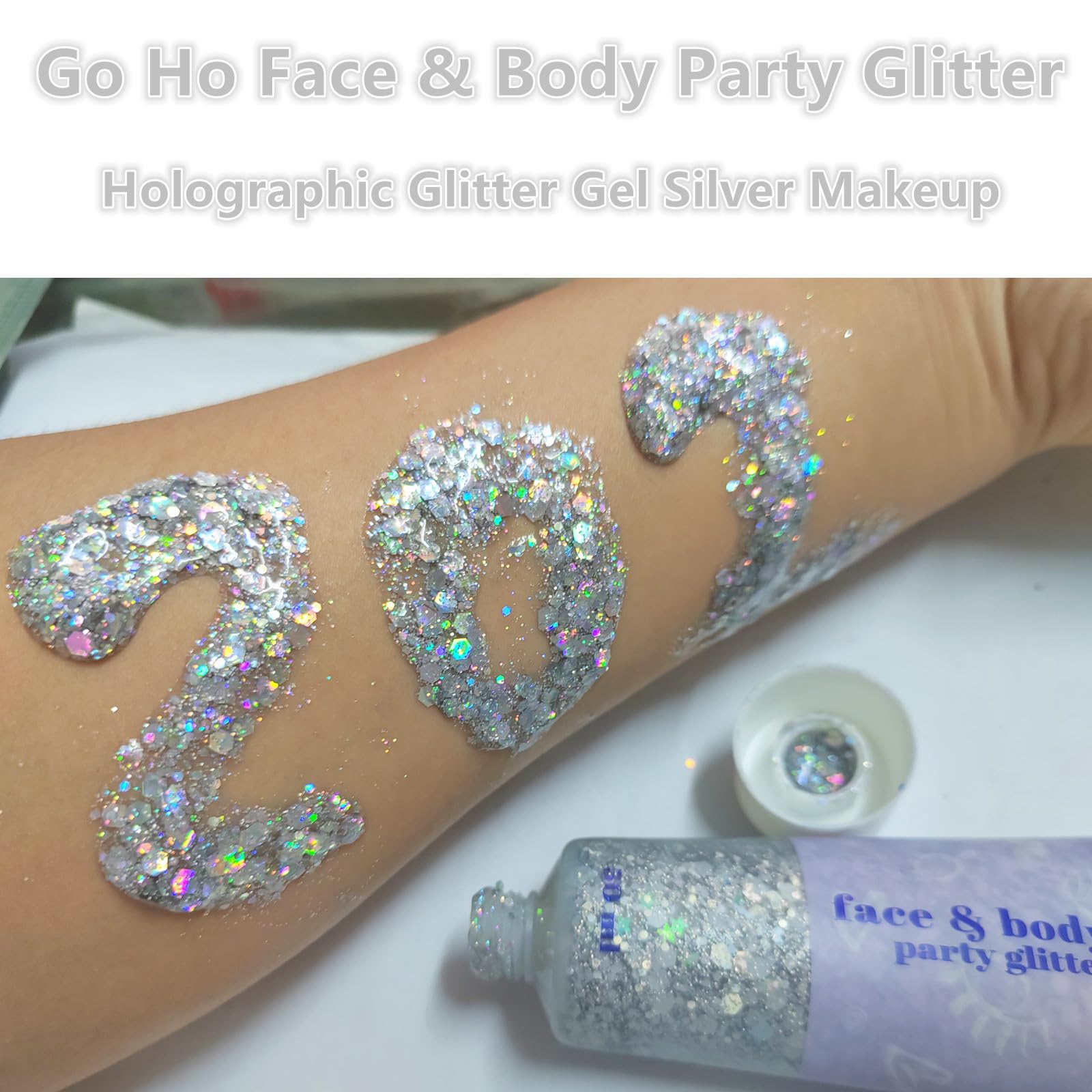 Close-up texture of Go Ho glitter gel highlighting chunky and fine holographic sparkle for vivid shine