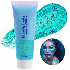 Go Ho teal body glitter gel front pot showing color and packaging, vibrant finish