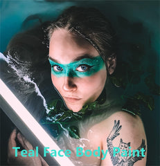 Go Ho teal face paint used in Halloween costume showing bold character effect