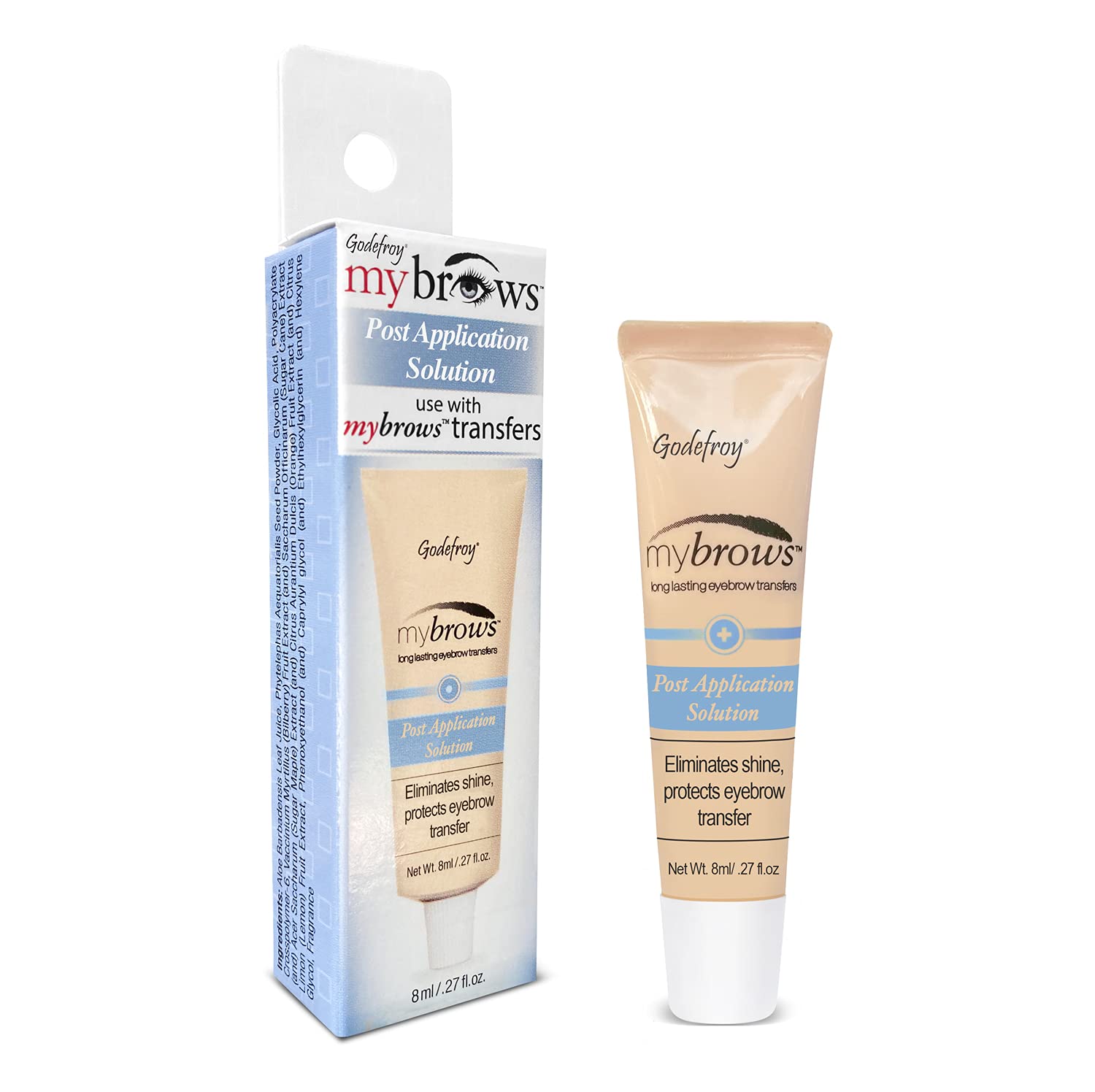 Godefroy Mybrows front packaging showing product name and compact bottle benefit: clear protection