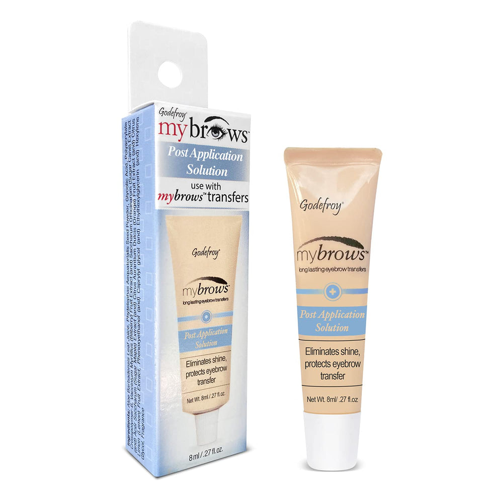 Godefroy Mybrows front packaging showing product name and compact bottle benefit: clear protection