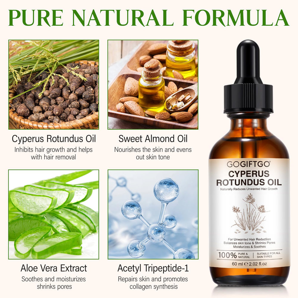 GOGIFTGO label ingredients detail showing Cyperus seed oil and natural formulation benefit