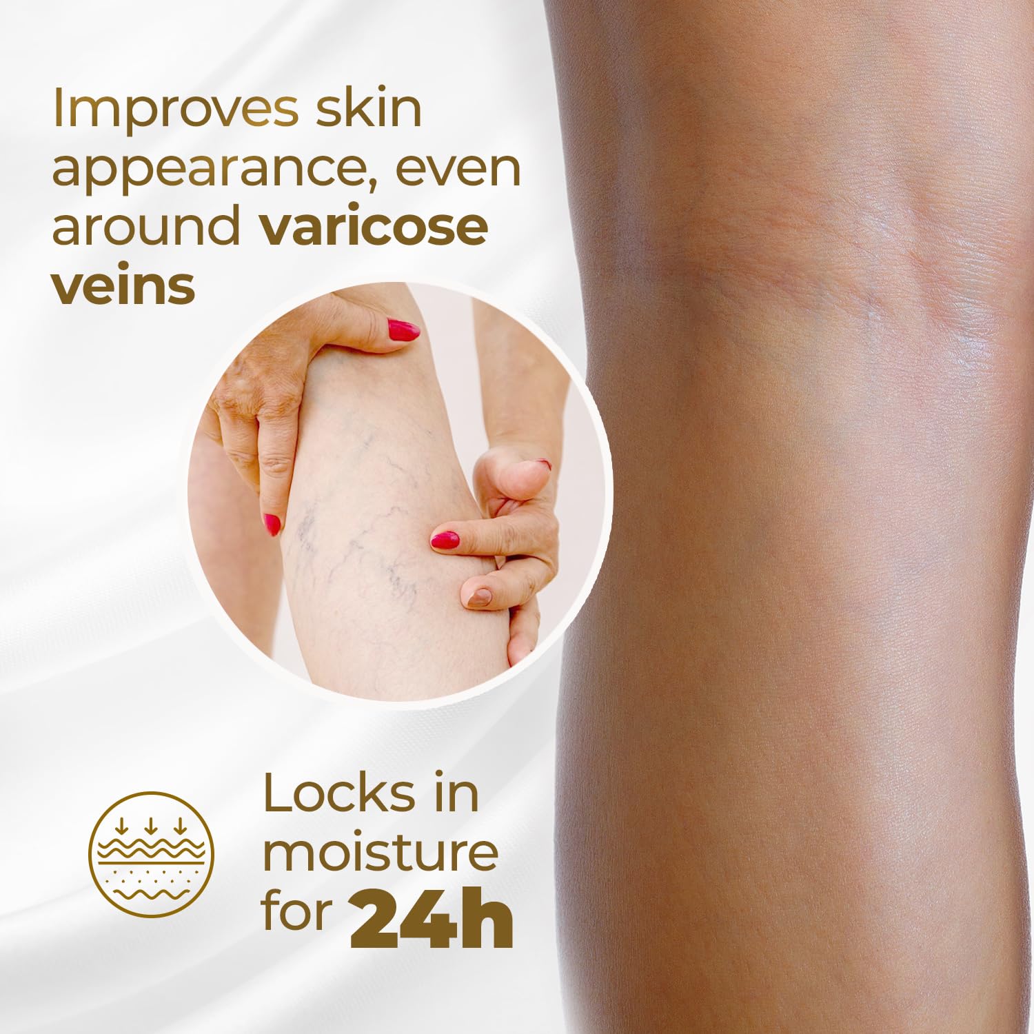 Goicoechea application on leg in use demonstrating smoothing effect and hydration benefit