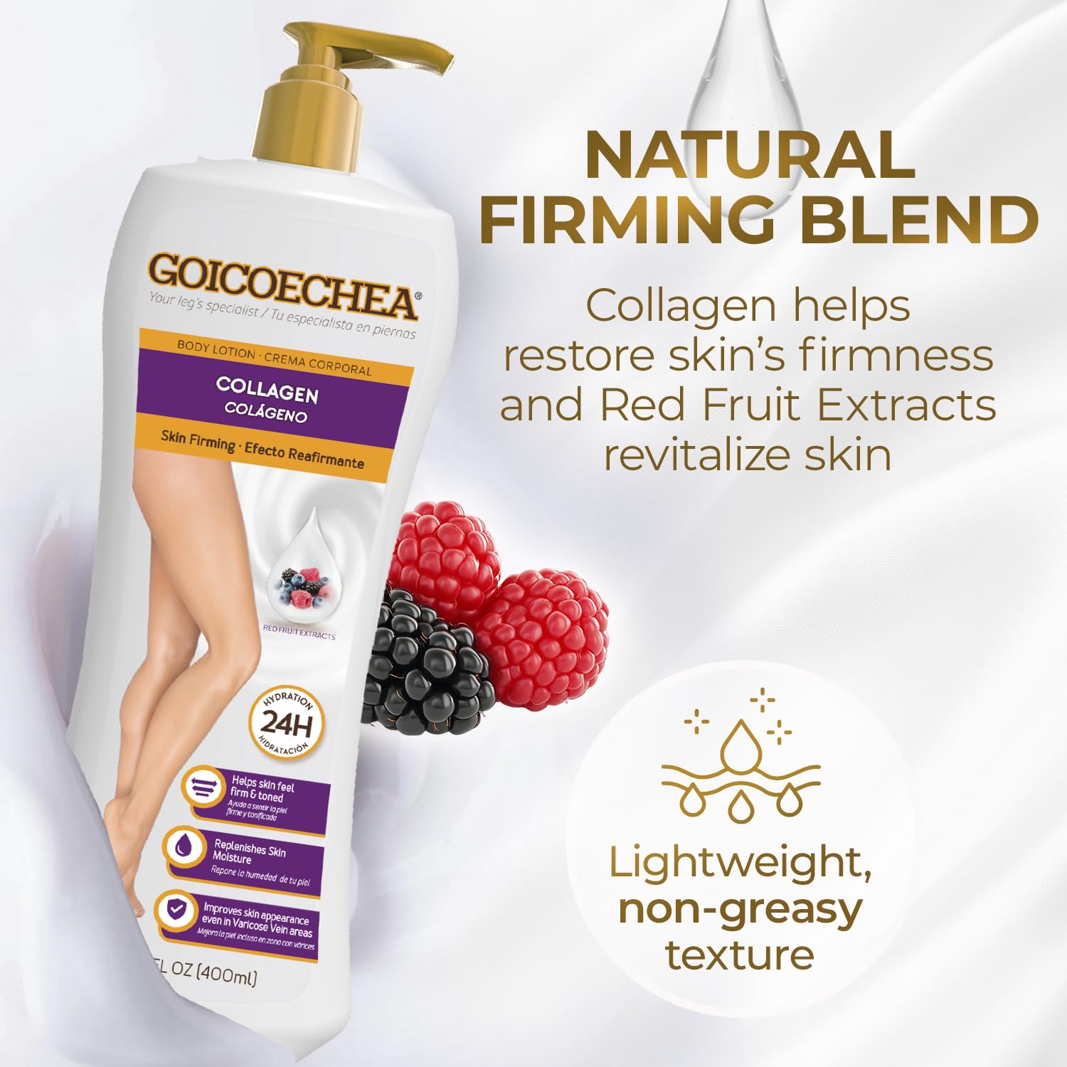 Goicoechea label ingredients and claims view highlighting collagen, elastin and extracts benefit