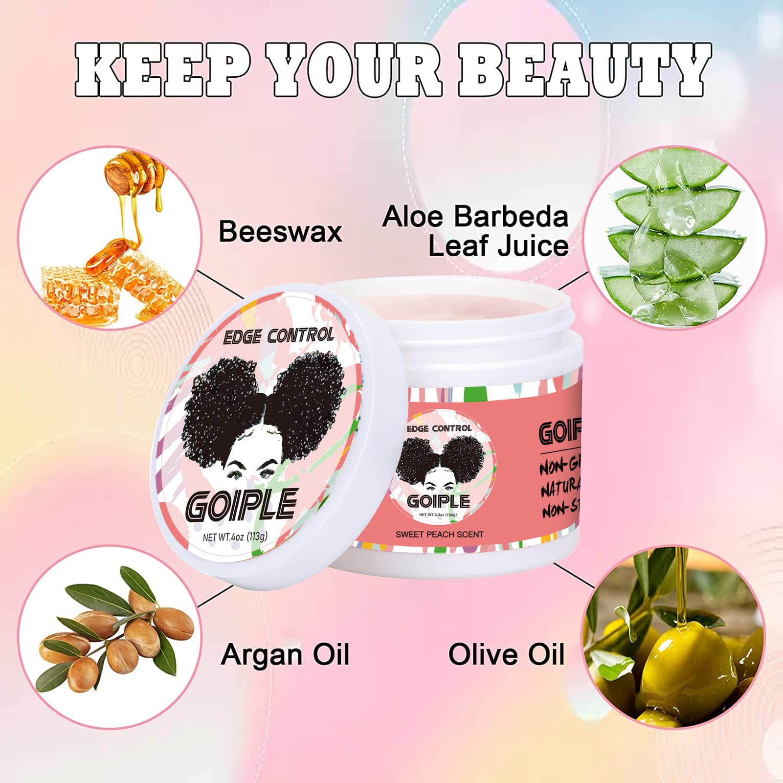Goiple 4oz peach jar close-up showing smooth wax texture and firm hold benefit