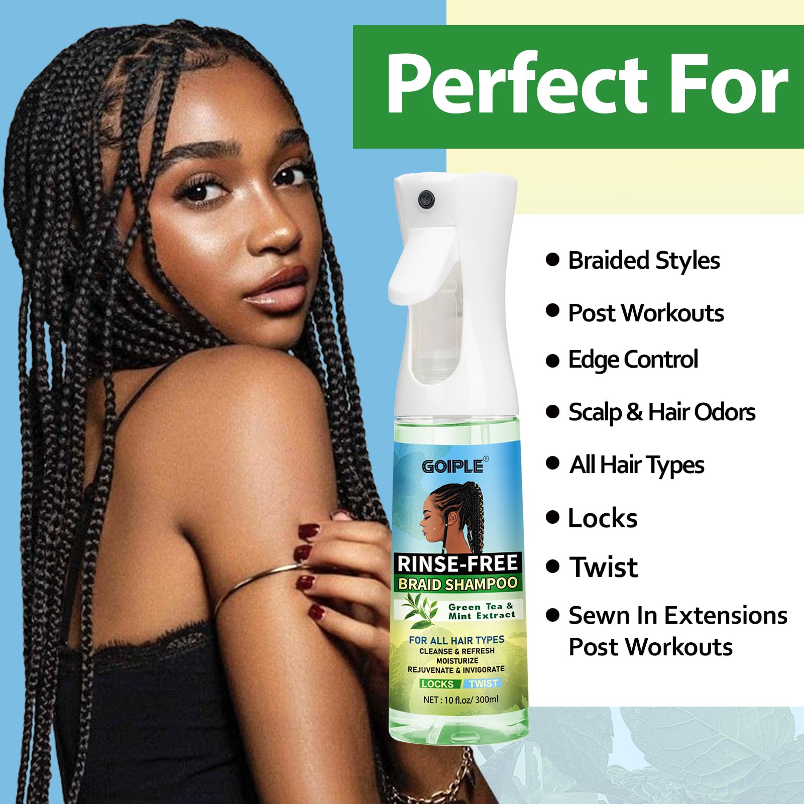 Goiple being applied directly to braided hair to refresh and reduce buildup
