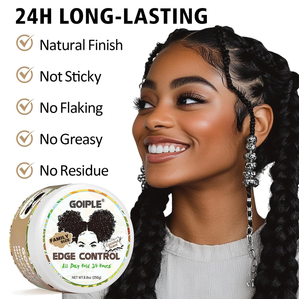 Before and after edges using Goiple showing tamed baby hairs and natural finish benefit