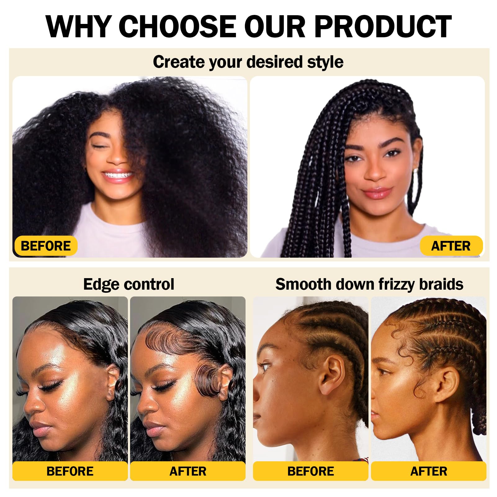 Edges styled on braids using Goiple showing neat hairline and long-lasting hold