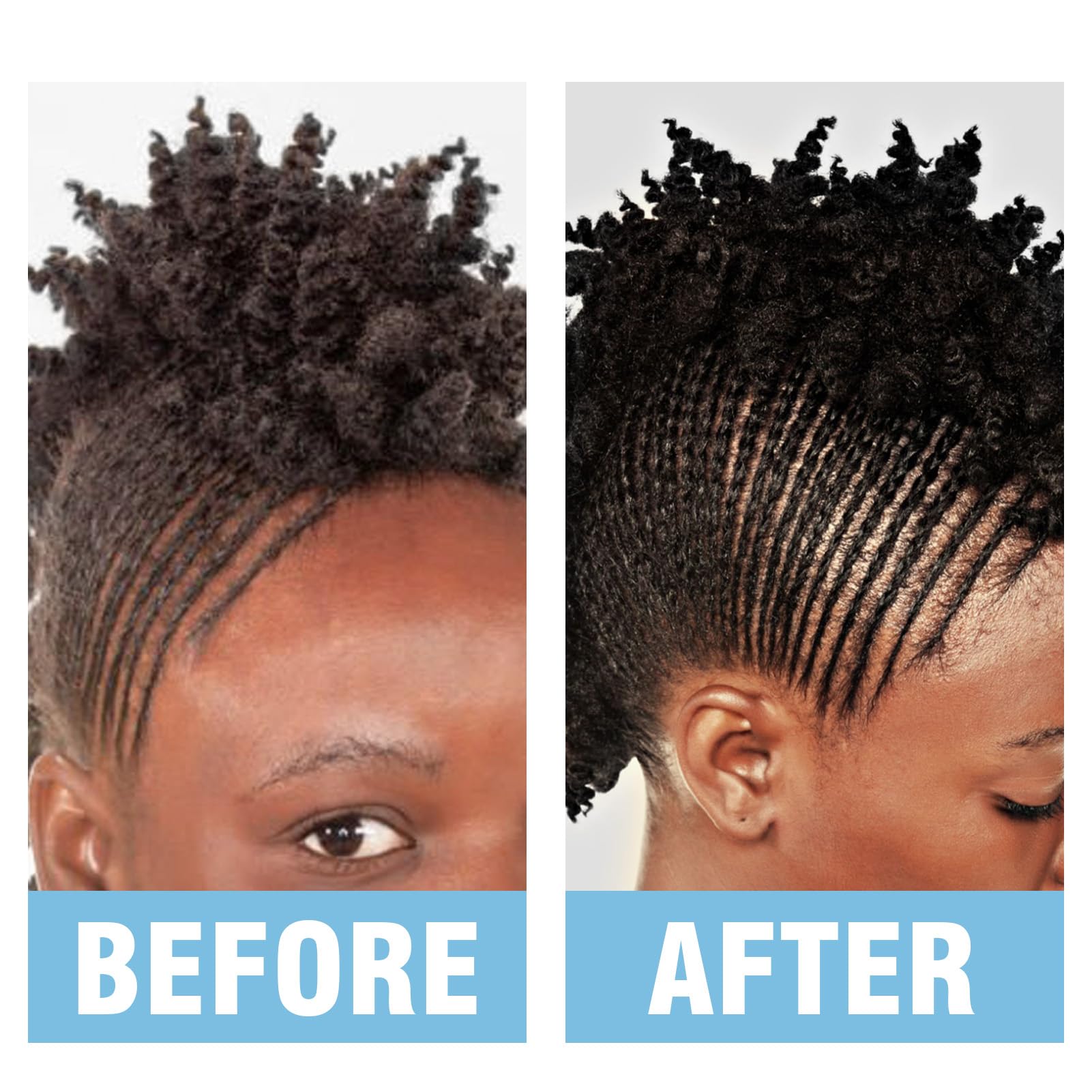 Before-and-after braids refreshed with Goiple demonstrating reduced buildup