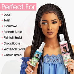 Goiple braid spray being applied to braids for refreshed, polished look benefit