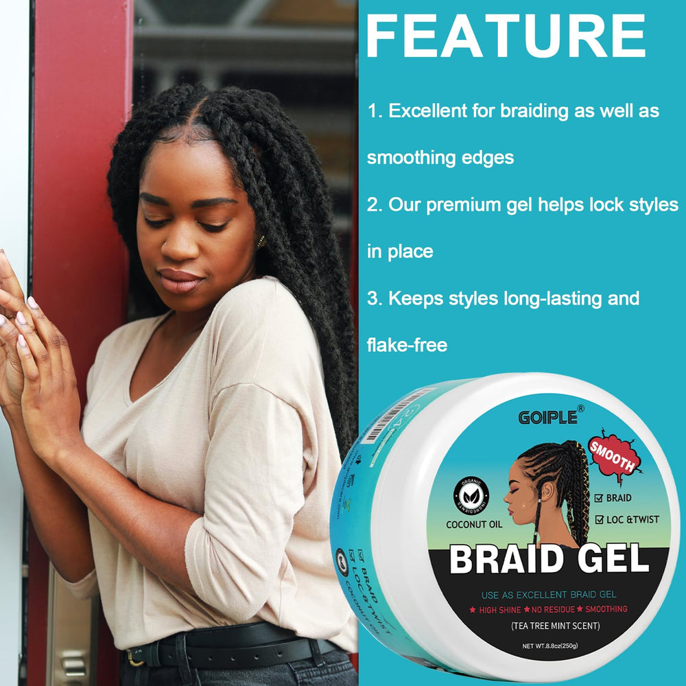 Goiple used on braids showing before and after smoother, shinier finish