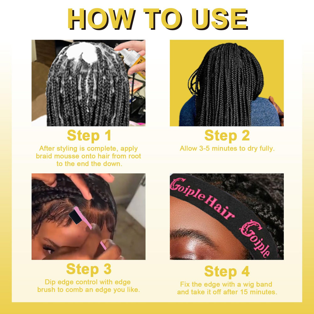 Goiple on braids sealed with mousse showing frizz control and long-lasting hold benefit