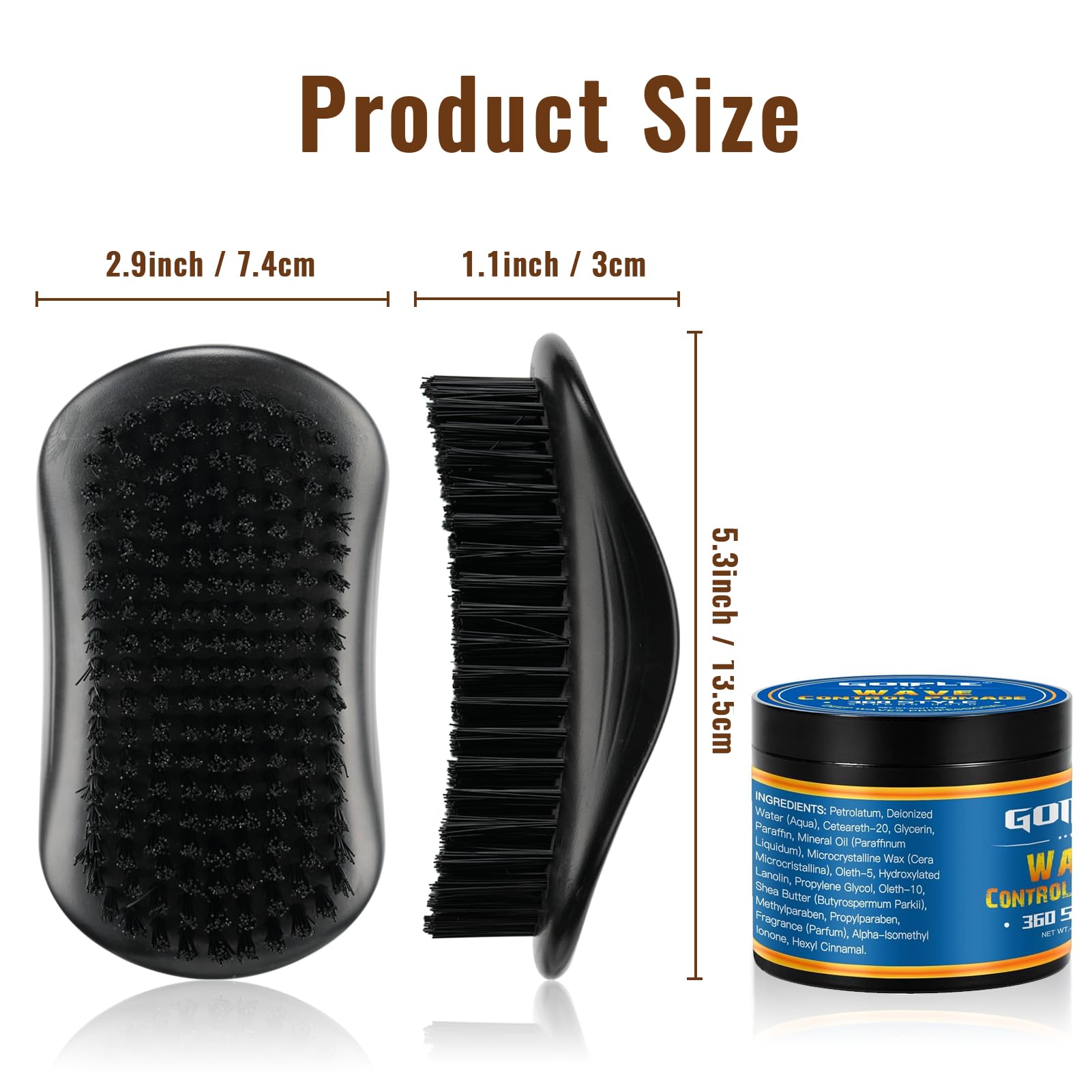 Goiple brush next to a hand for scale, showing compact size and control