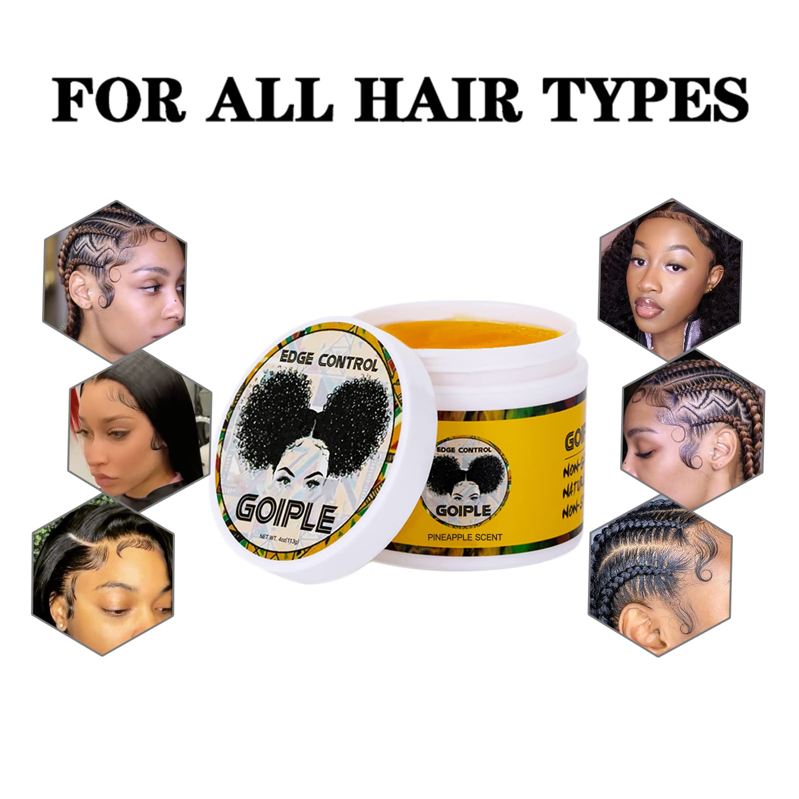 Before and after edges using Goiple showing sleek, tamed hair
