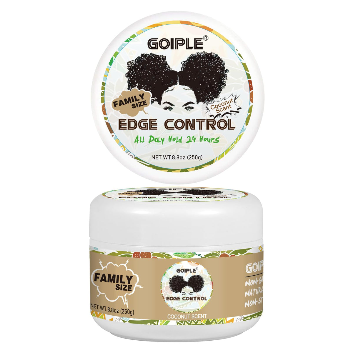 Goiple front jar showing packaging and 8.8 oz size, clear labeling and coconut scent benefit