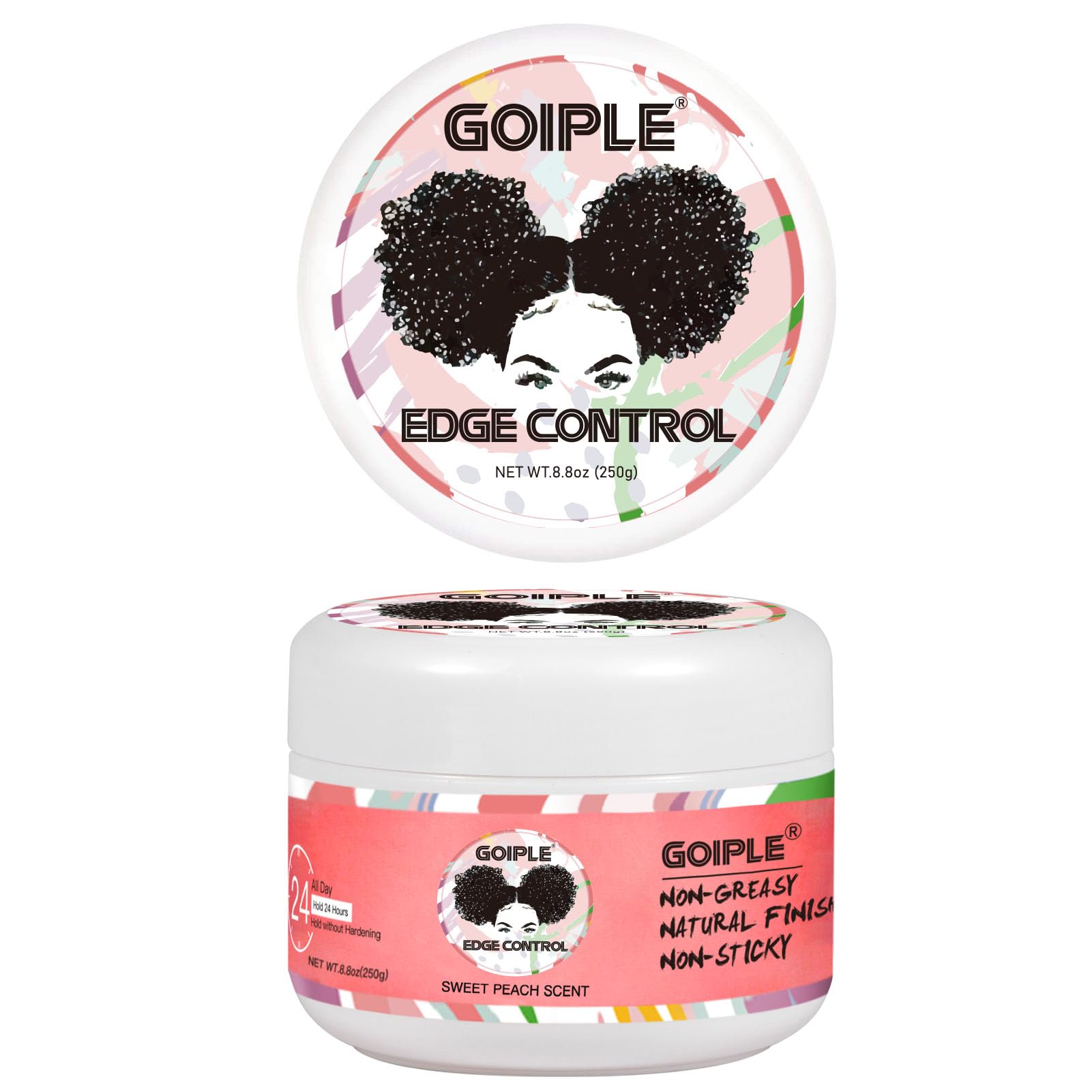 Goiple jar front label showing sweet peach scent and size, clear product info benefit