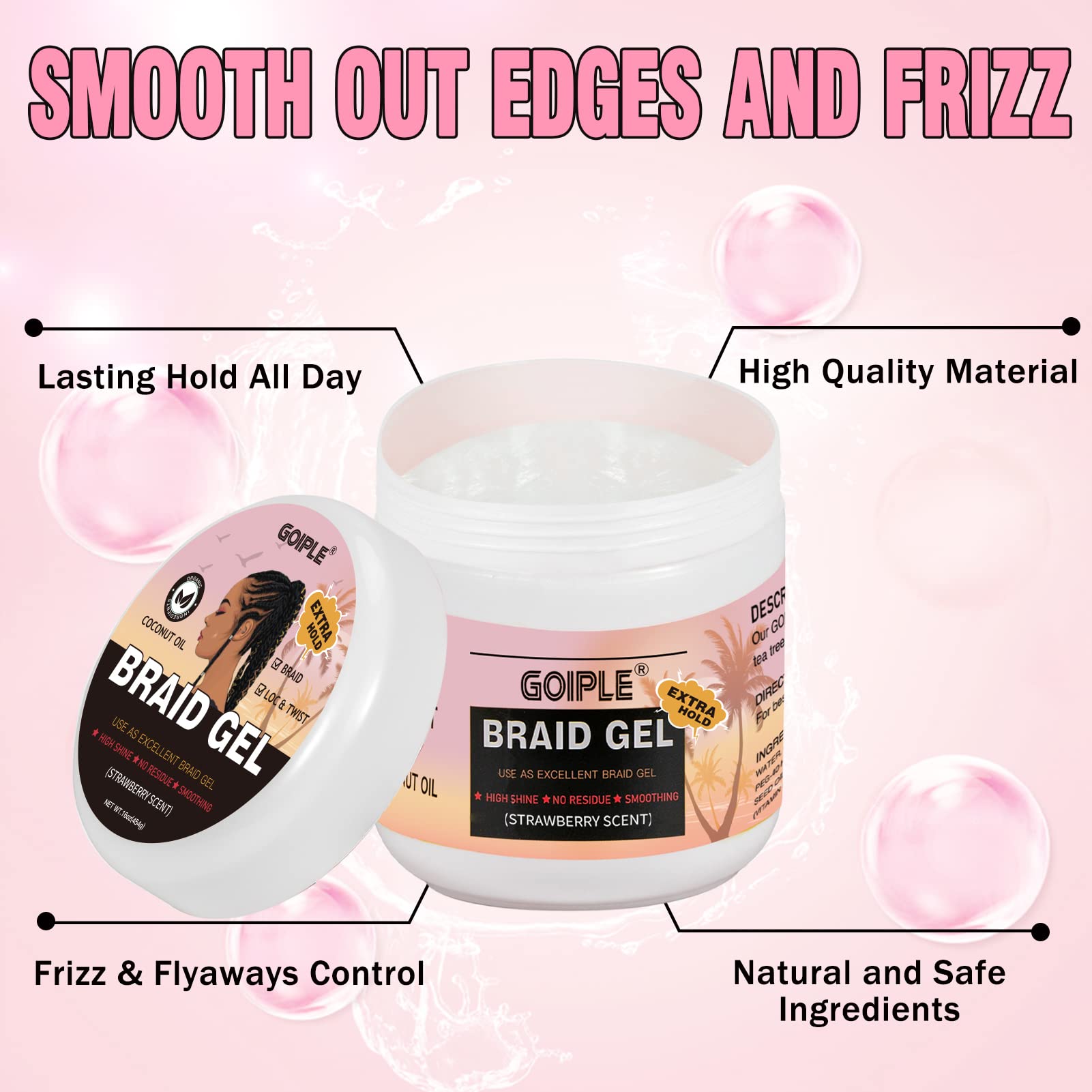 Goiple applied on finished dry braids to reduce frizz and maintain hold