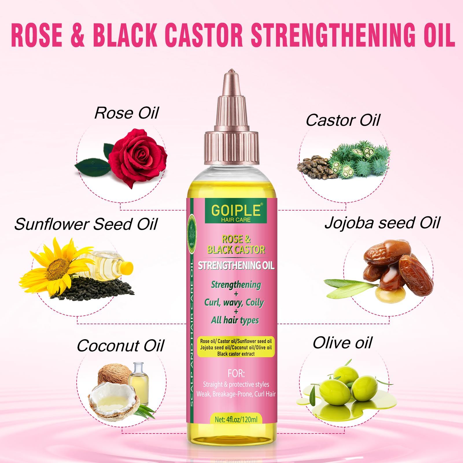 Goiple rose and castor oil bottle close-up showing dropper, nourishing shine benefit