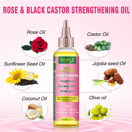 Goiple rose and castor oil bottle close-up showing dropper, nourishing shine benefit