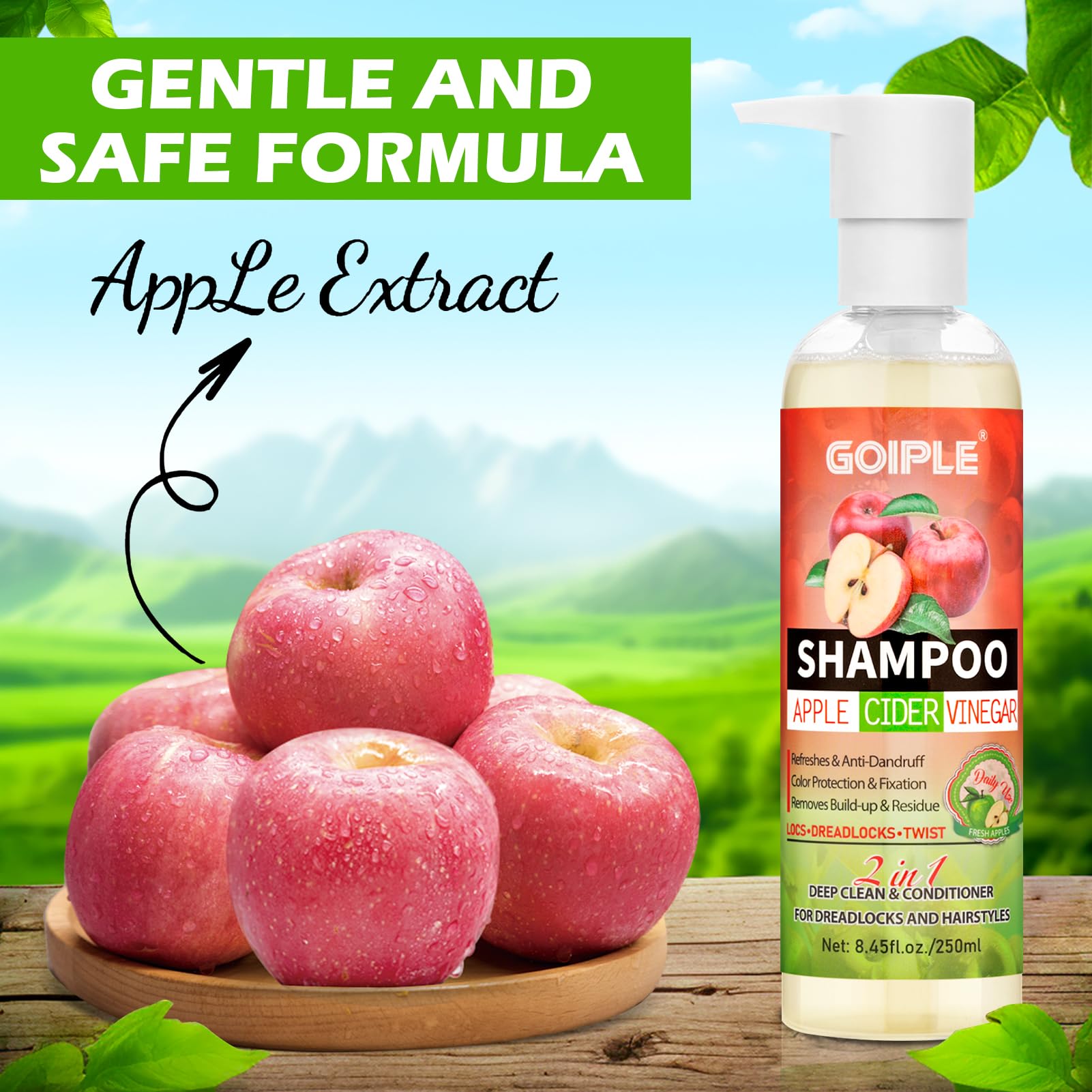 Goiple apple cider vinegar shampoo pouring and forming gentle lather