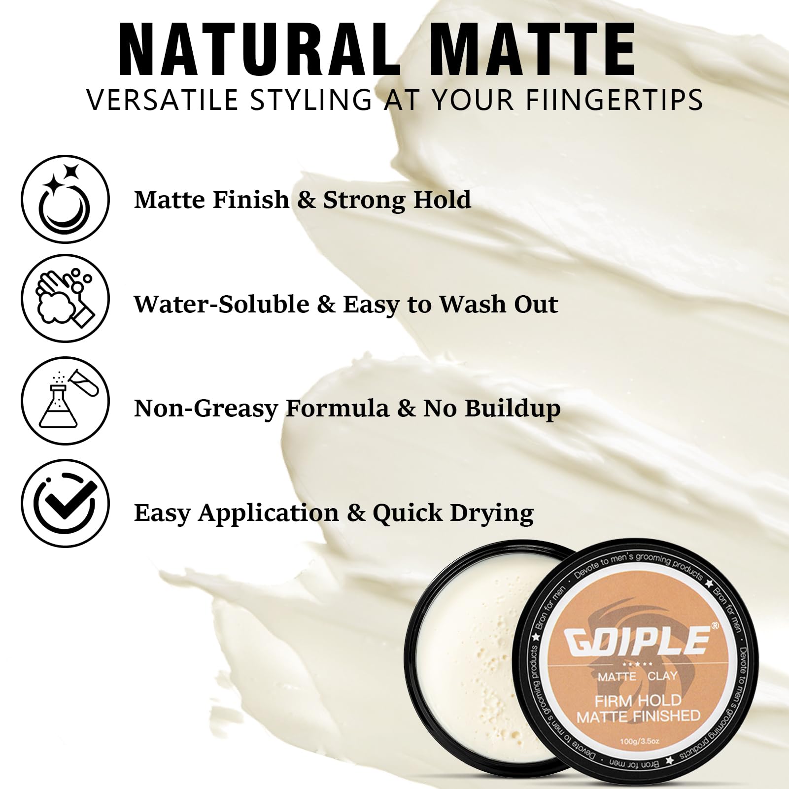 Goiple styled hair side view showing matte finish and natural look benefit
