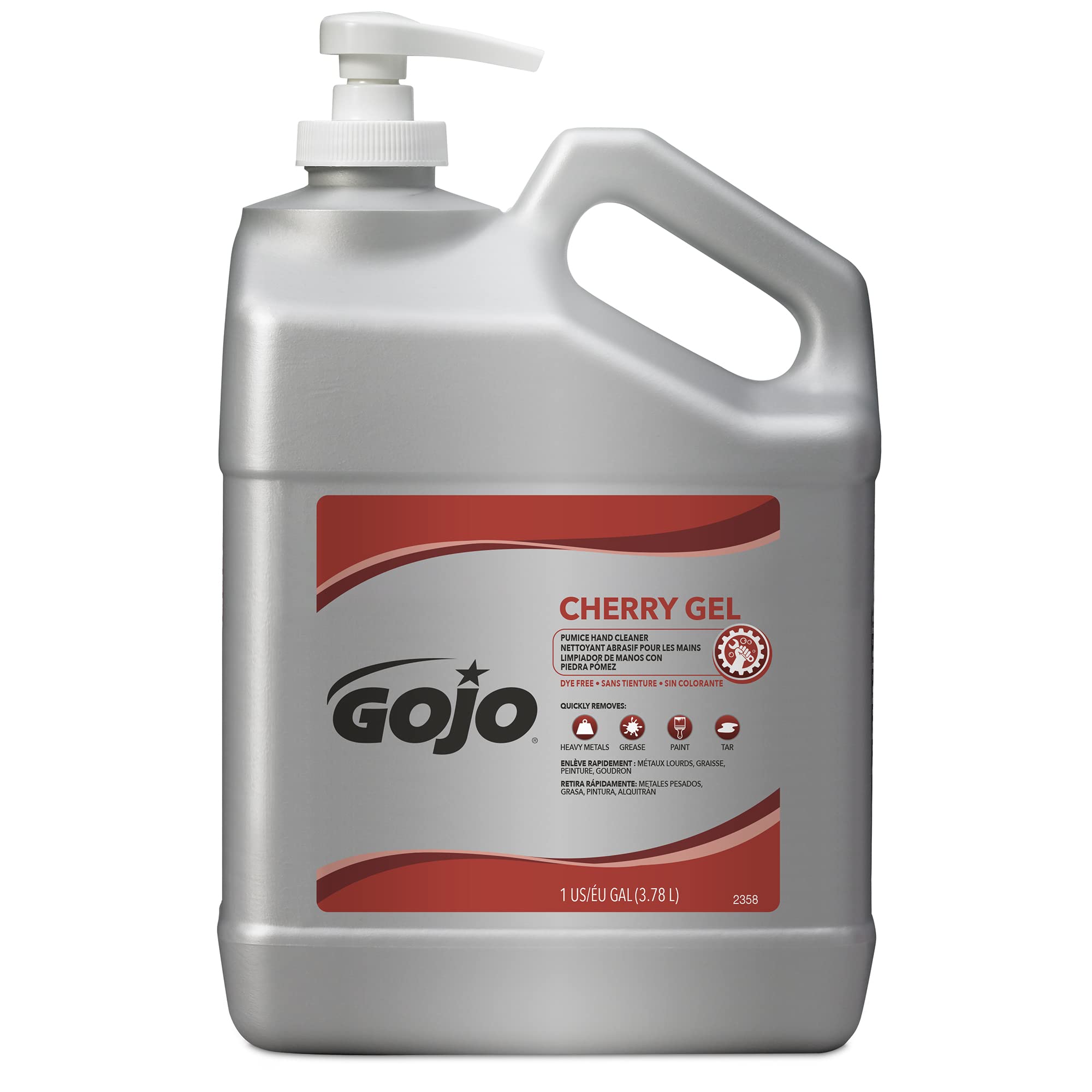 GOJO bottle front packaging showing pump and cherry gel benefits