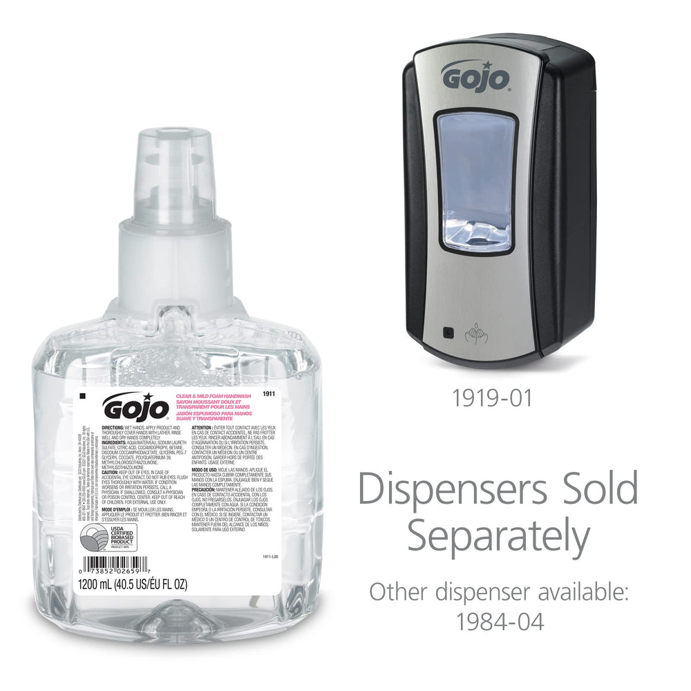 GOJO clear and mild refill installed in LTX-12 dispenser demonstrating touch-free use benefit