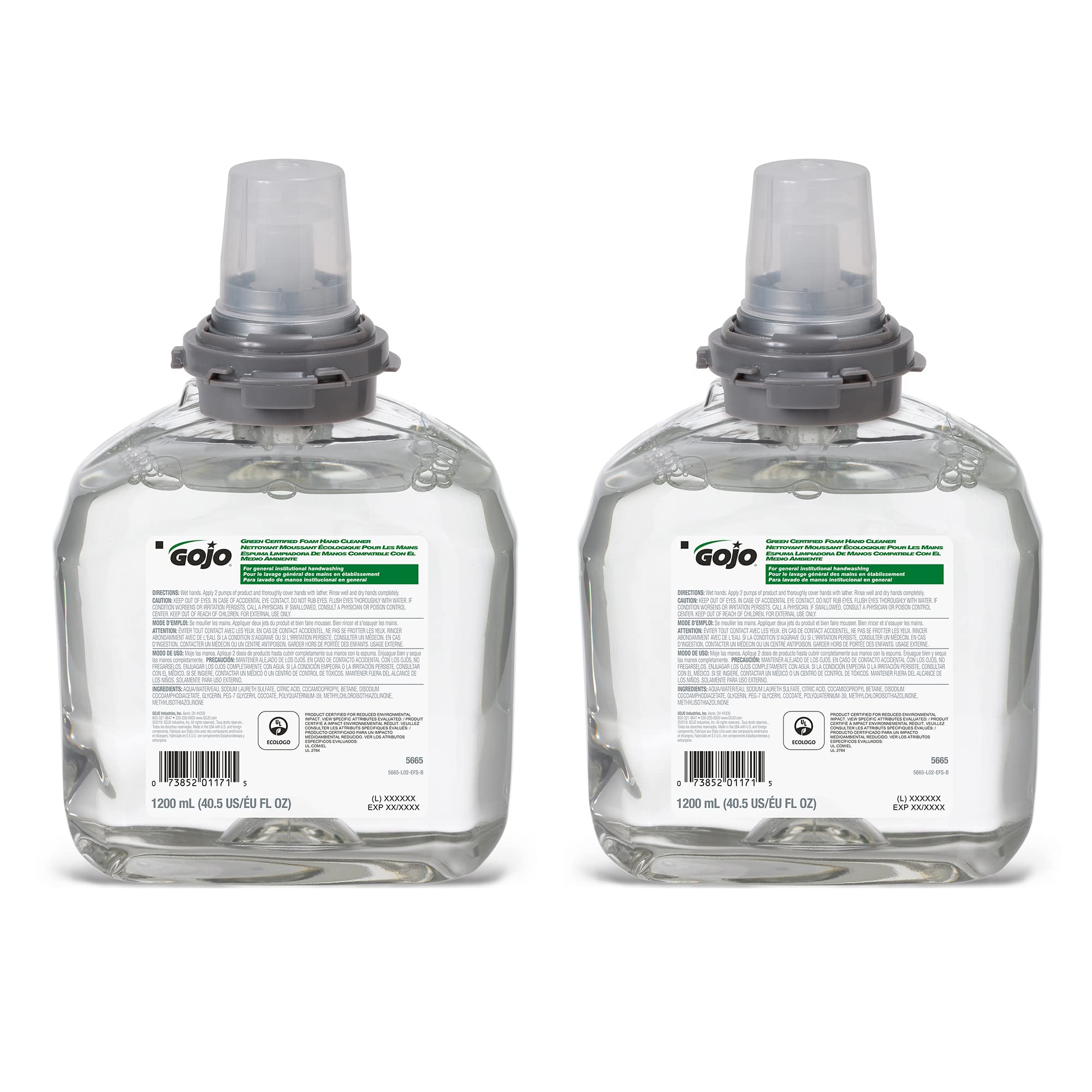 GOJO front packaging view of 1200 mL refill showing labels and certifications benefits