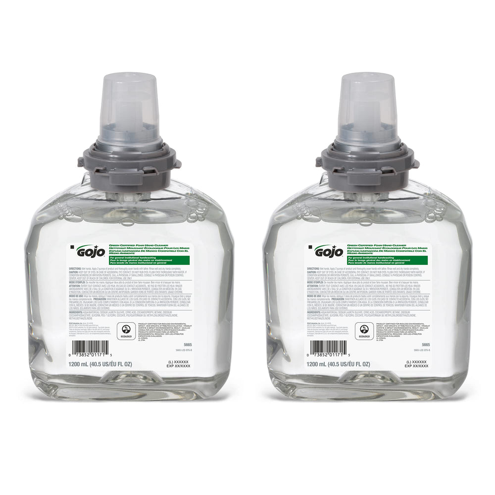 GOJO front packaging view of 1200 mL refill showing labels and certifications benefits